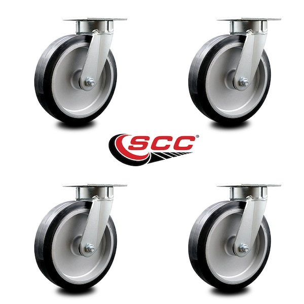 8 Inch Kingpinless Rubber on Aluminum Wheel Swivel Top Plate Caster SCC, 4PK